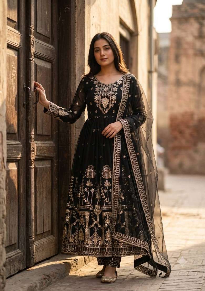 Black Embroidery Georgette Gown Set - Indya