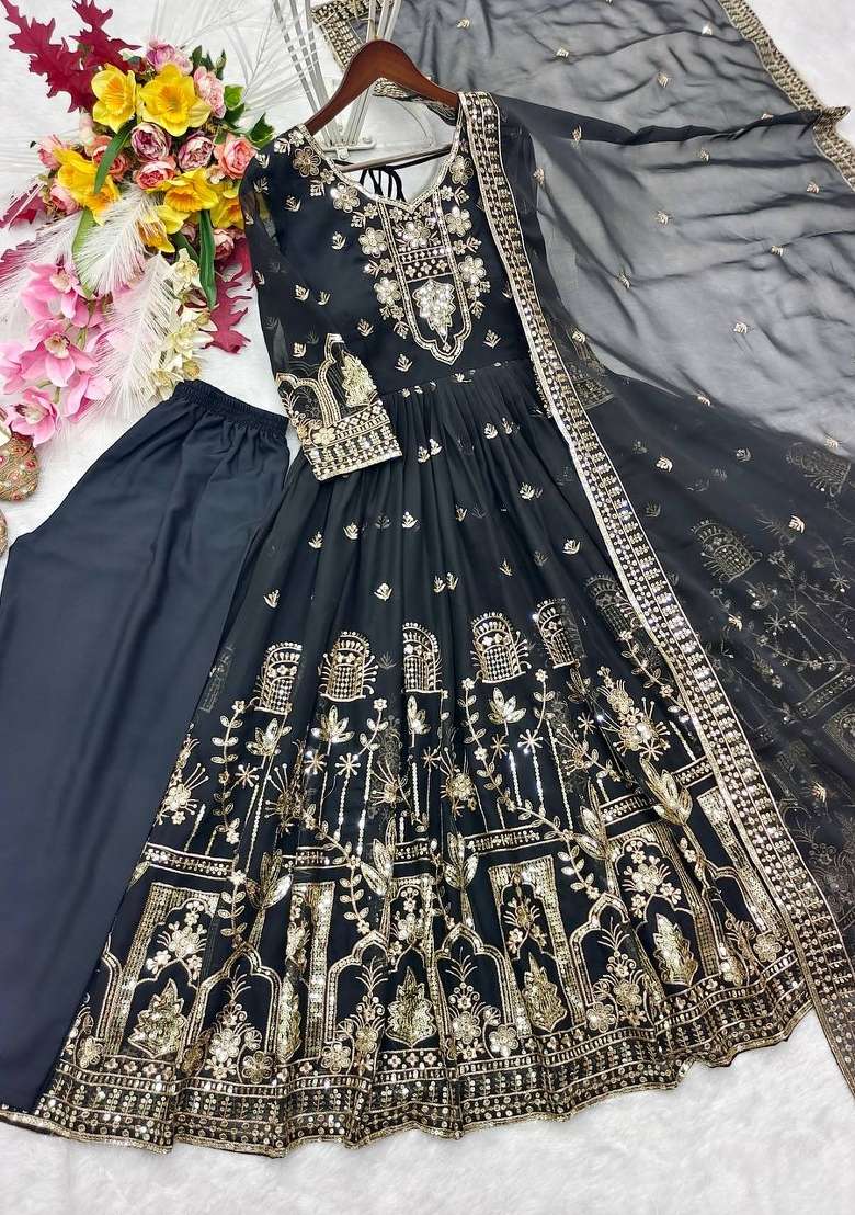 Black Embroidery Georgette Gown Set - Indya
