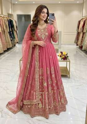 Pink Embroidery Georgette Gown Set