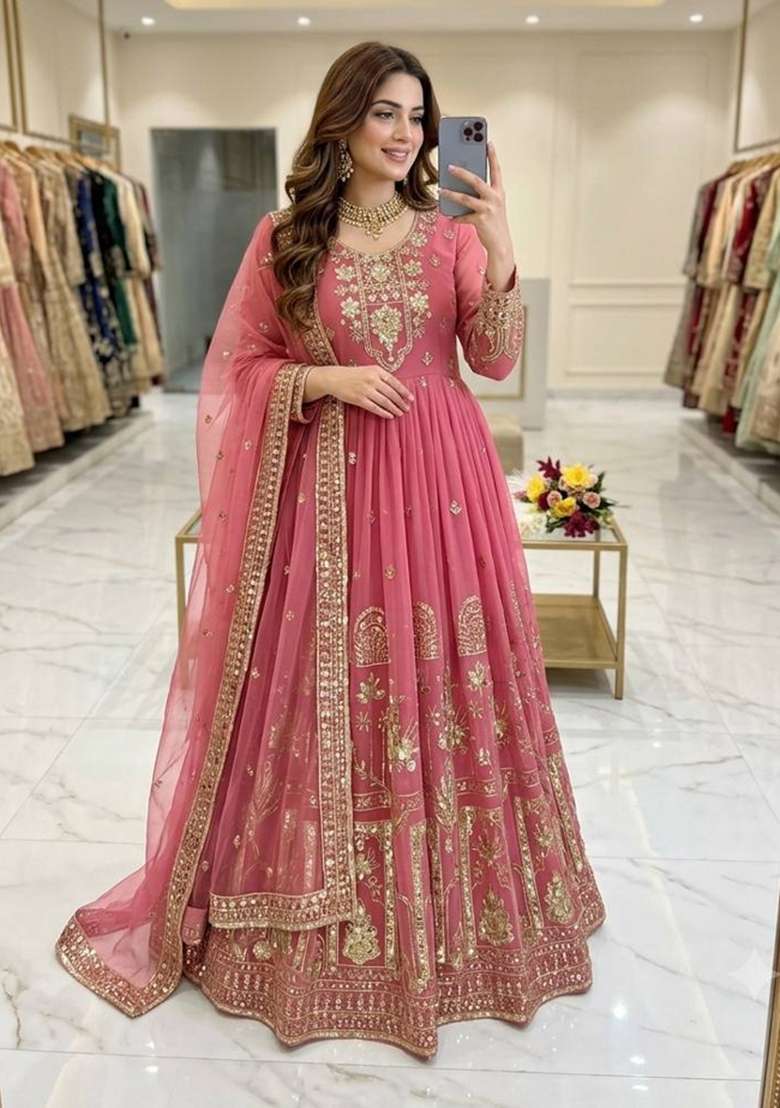 Pink Embroidery Georgette Gown Set - Indya