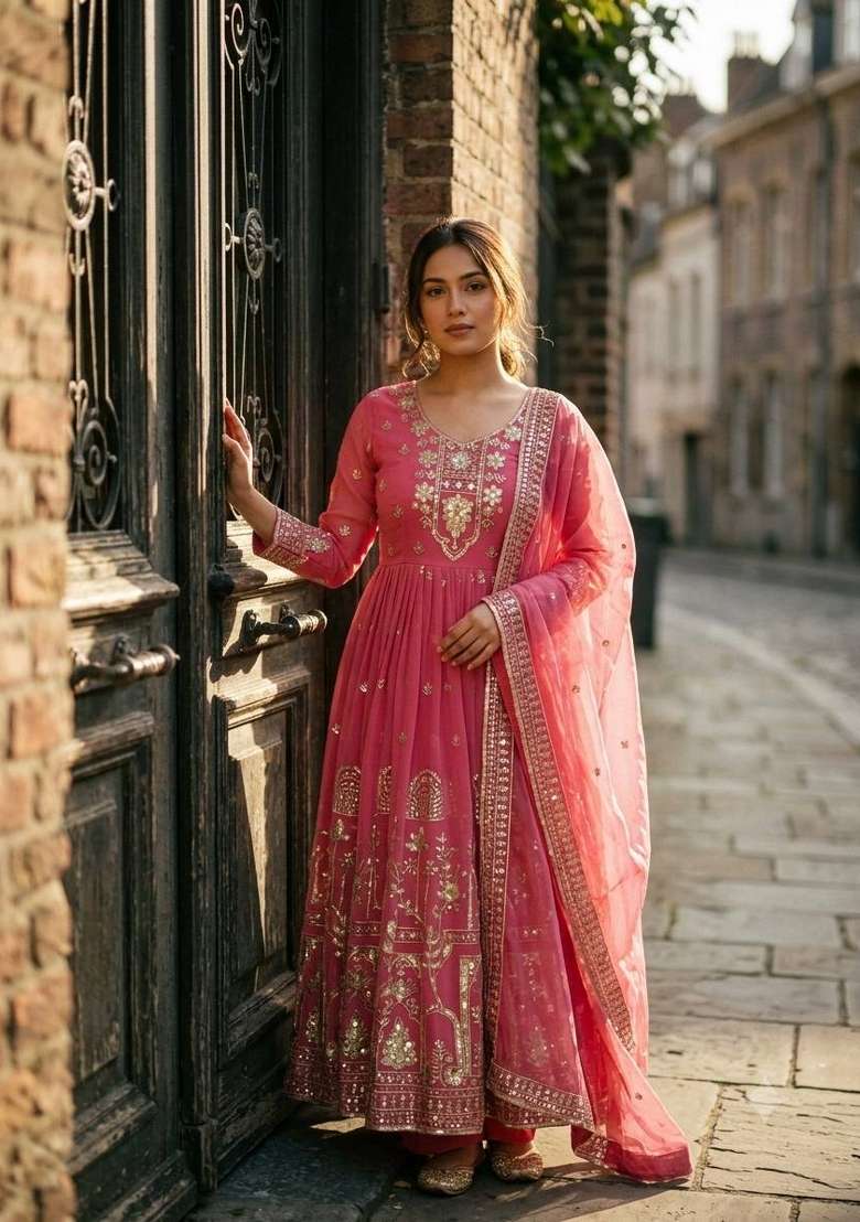 Pink Embroidery Georgette Gown Set - Indya