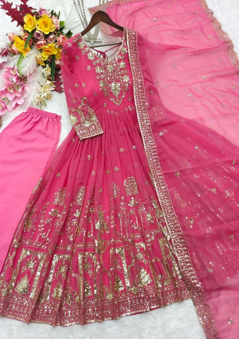 Pink Embroidery Georgette Gown Set - Indya