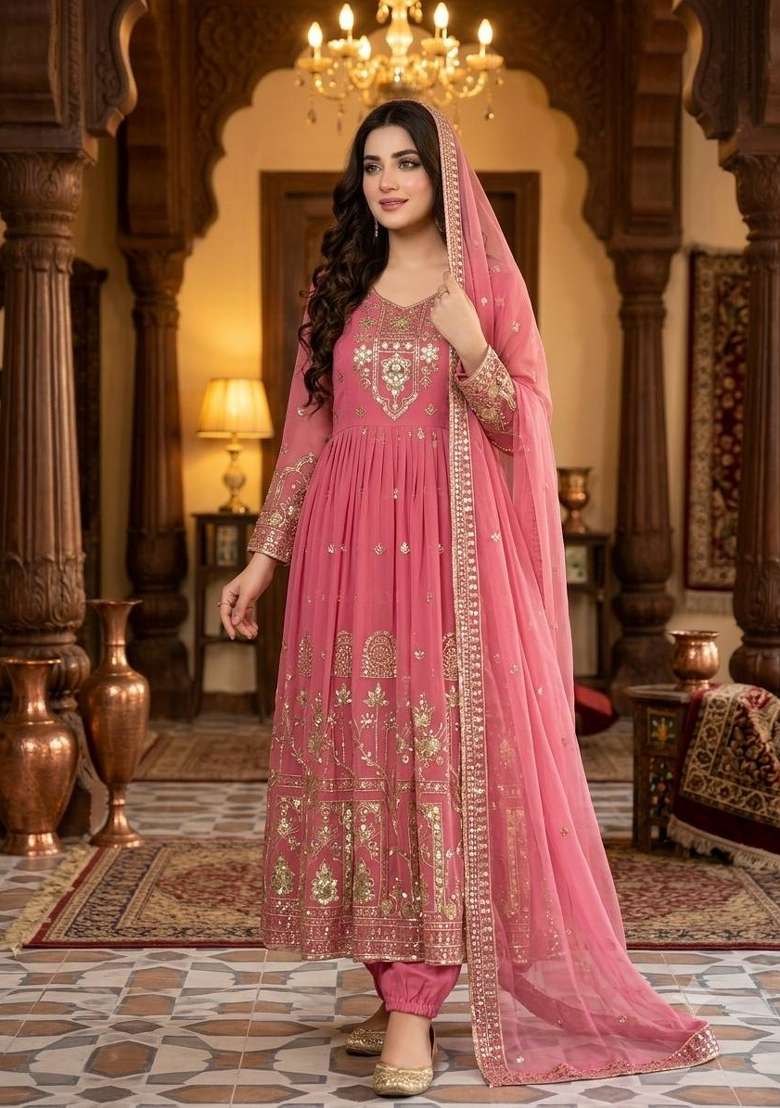 Pink Embroidery Georgette Gown Set - Indya
