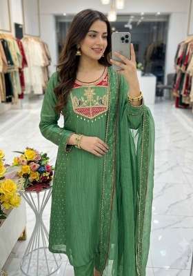 Green Embroidery Silk Kurta Set