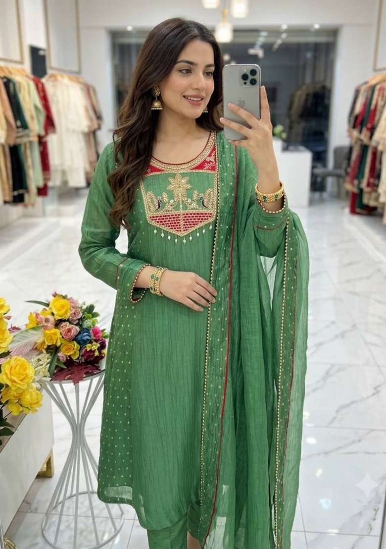 Green Embroidery Silk Kurta Set - Indya