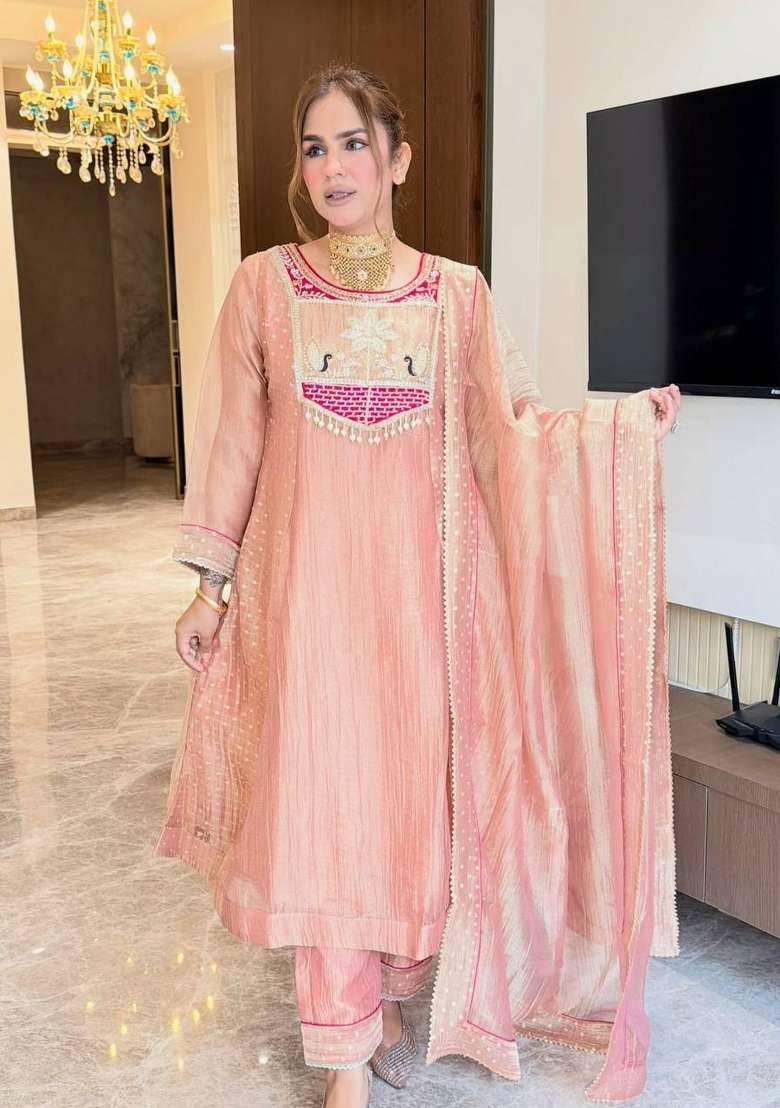 Peach Embroidery Silk Kurta Set - Indya
