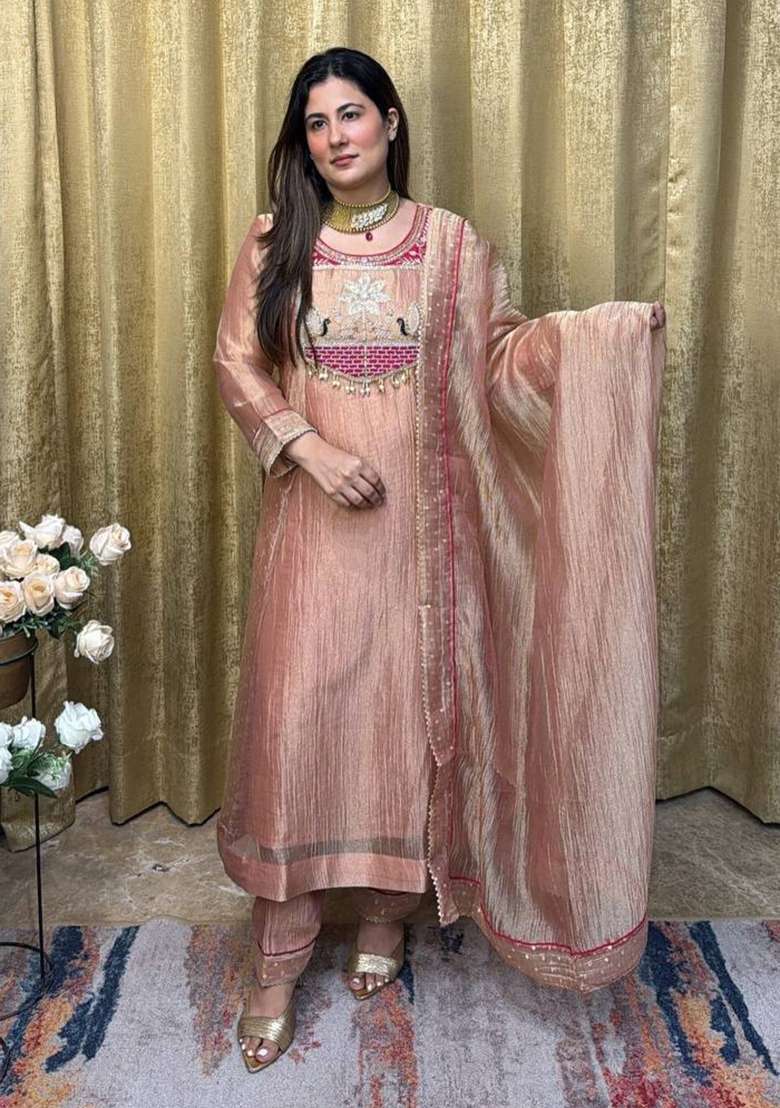 Peach Embroidery Silk Kurta Set - Indya
