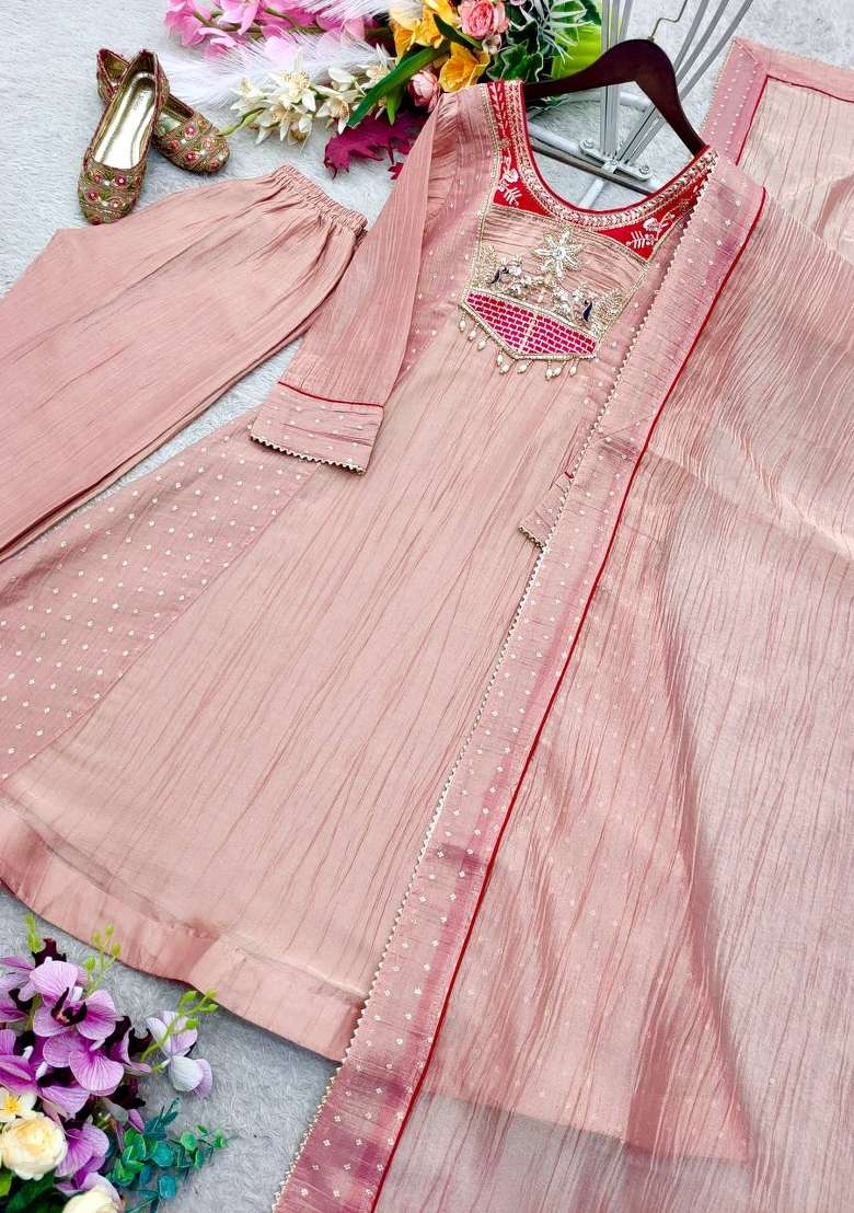 Peach Embroidery Silk Kurta Set - Indya