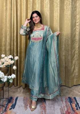Sky Blue Embroidery Silk Kurta Set