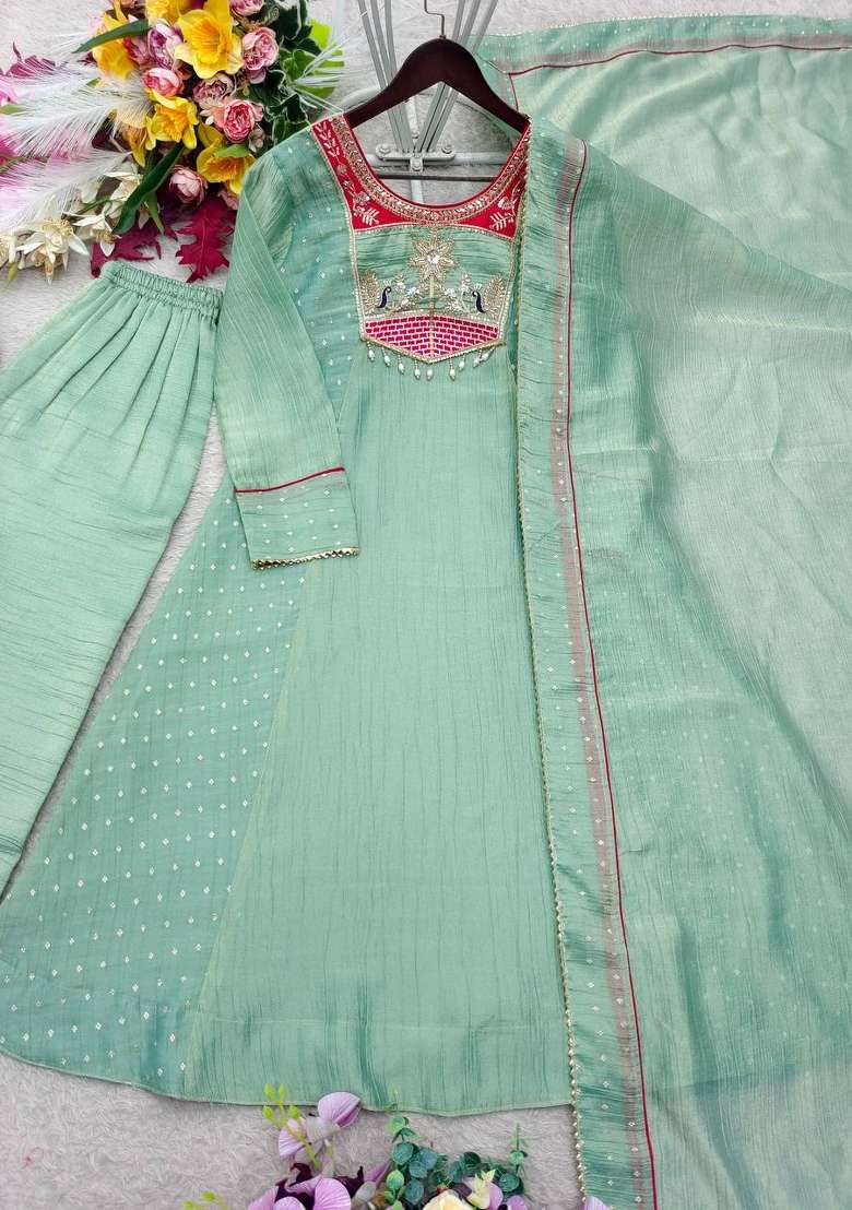 Sky Blue Embroidery Silk Kurta Set - Indya