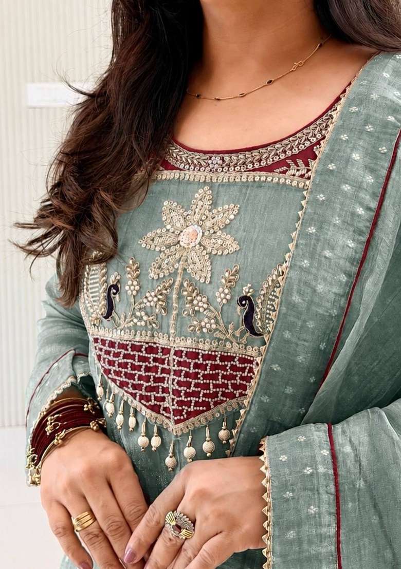 Sky Blue Embroidery Silk Kurta Set - Indya