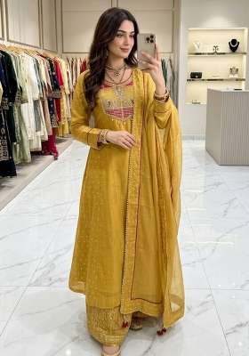 Yellow Embroidery Silk Kurta Set