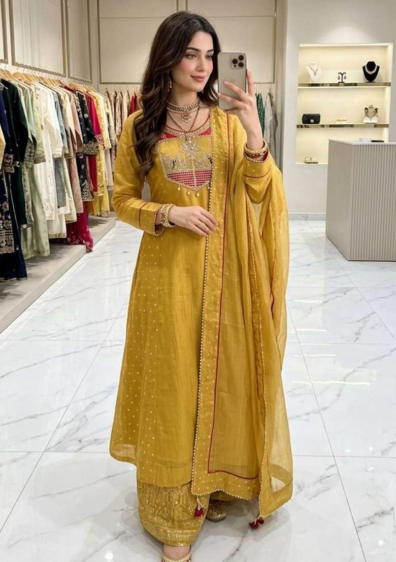Yellow Embroidery Silk Kurta Set - Indya