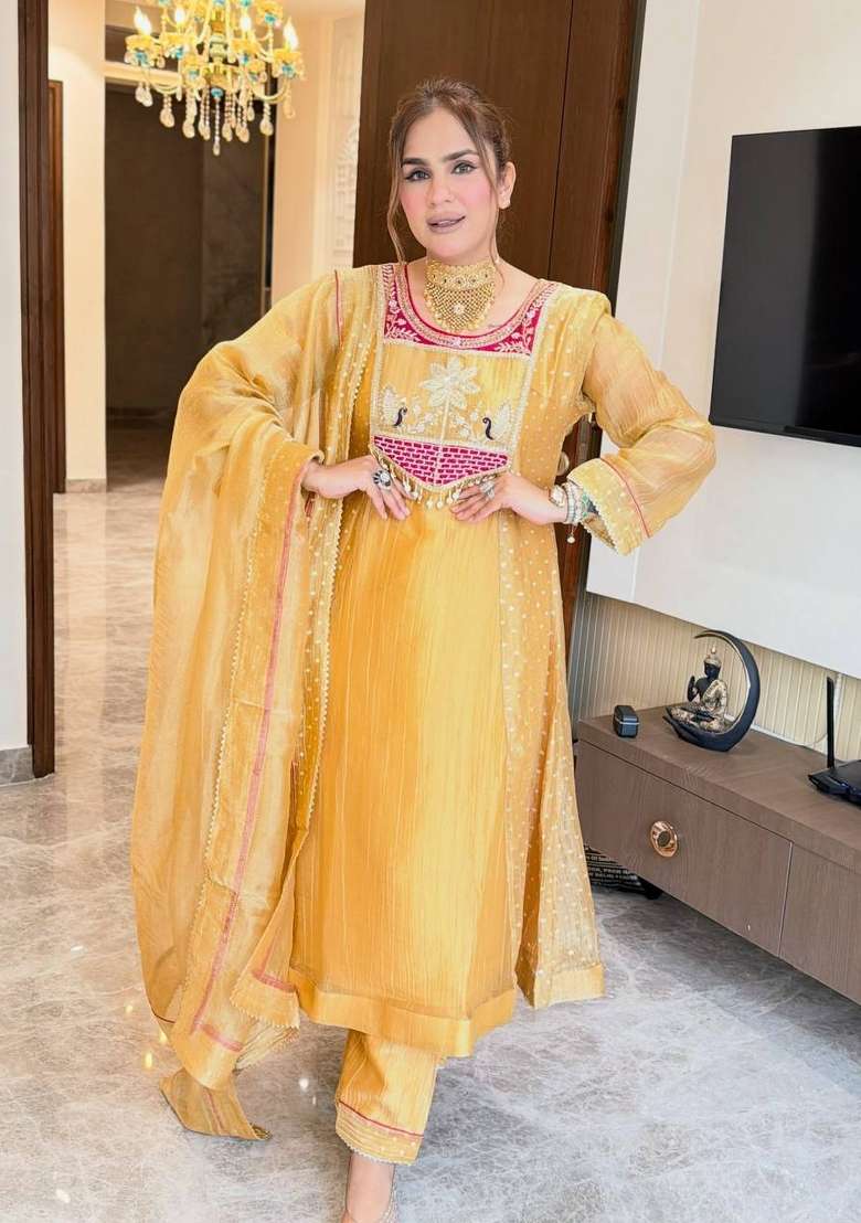 Yellow Embroidery Silk Kurta Set - Indya