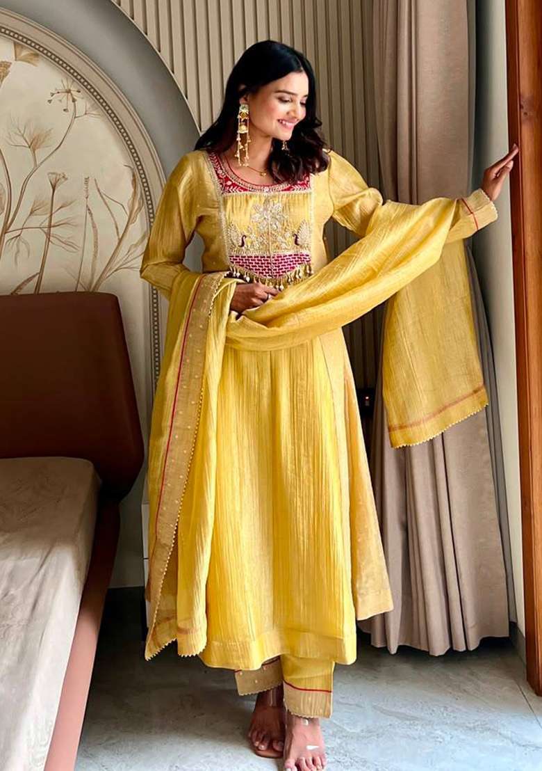 Yellow Embroidery Silk Kurta Set - Indya