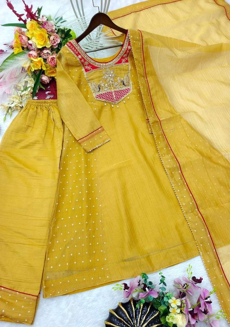 Yellow Embroidery Silk Kurta Set - Indya