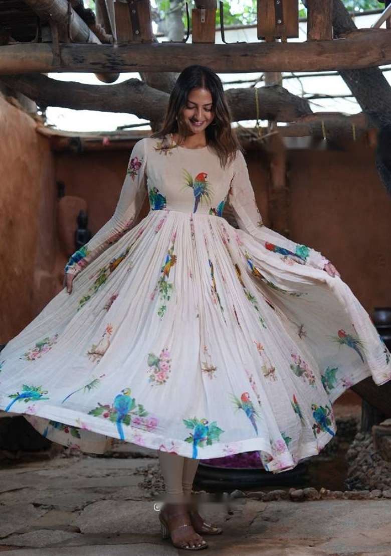 Off White Embroidery Silk Gown Set - Indya
