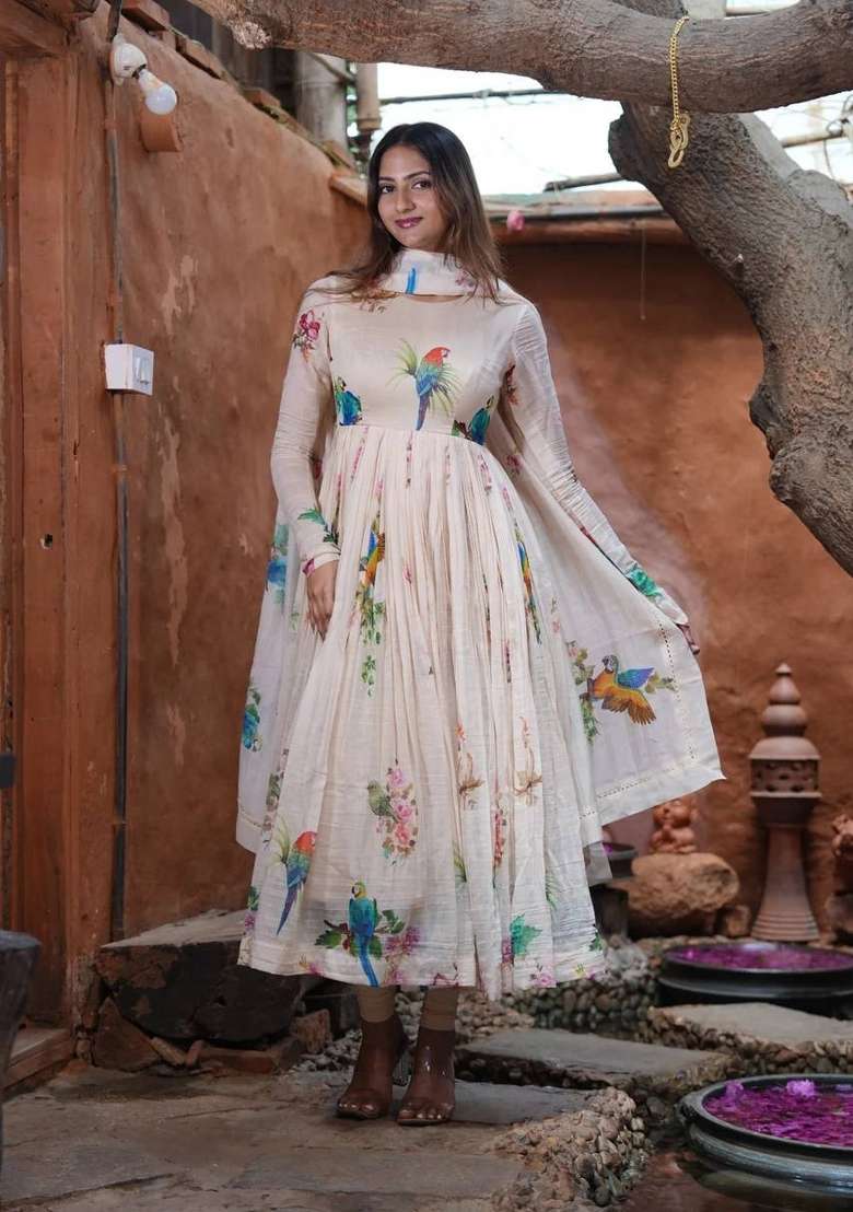 Off White Embroidery Silk Gown Set - Indya