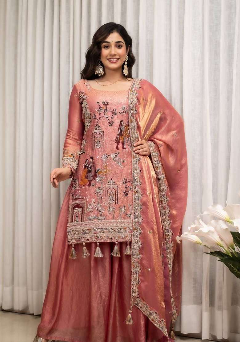 Peach Embroidery Fendi Kurta Set - Indya