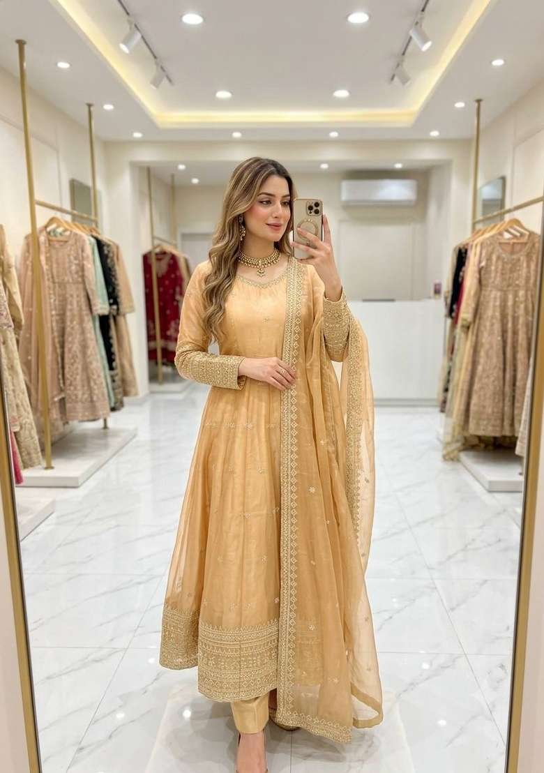 Cream Embroidery Fendi Gown Set - Indya