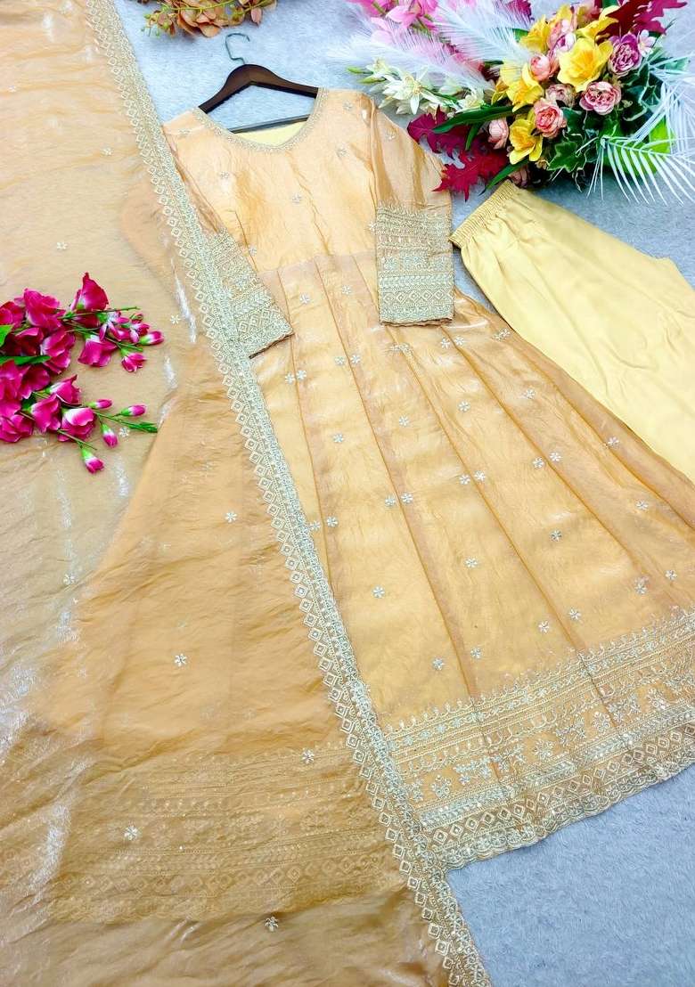 Cream Embroidery Fendi Gown Set - Indya