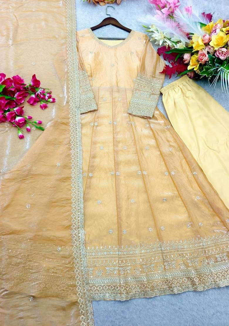 Cream Embroidery Fendi Gown Set - Indya