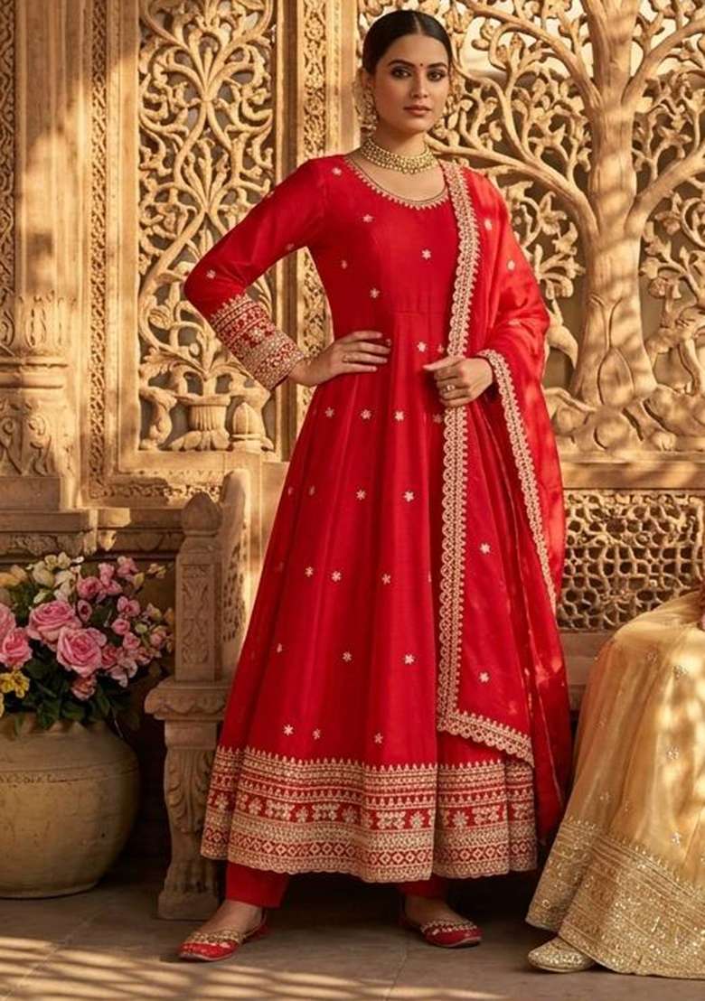 Red Embroidery Fendi Gown Set - Indya