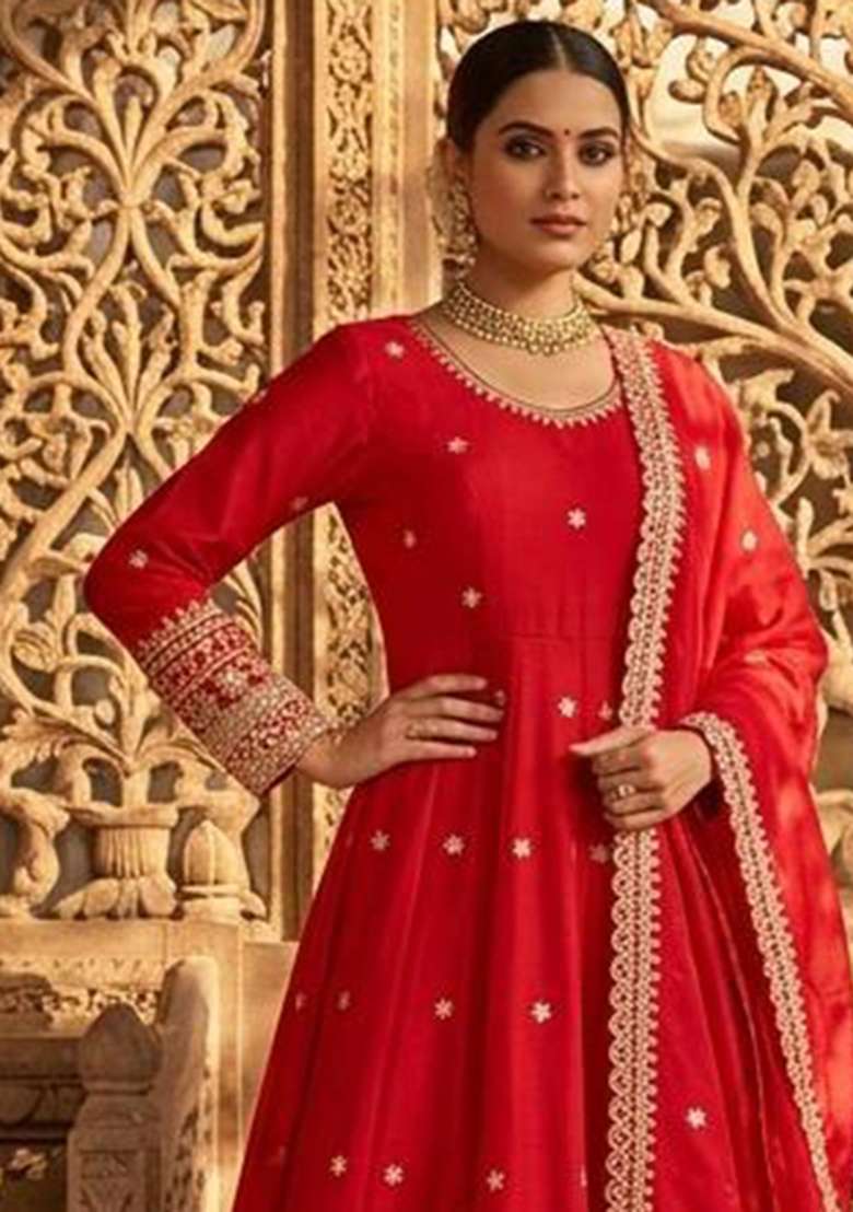 Red Embroidery Fendi Gown Set - Indya