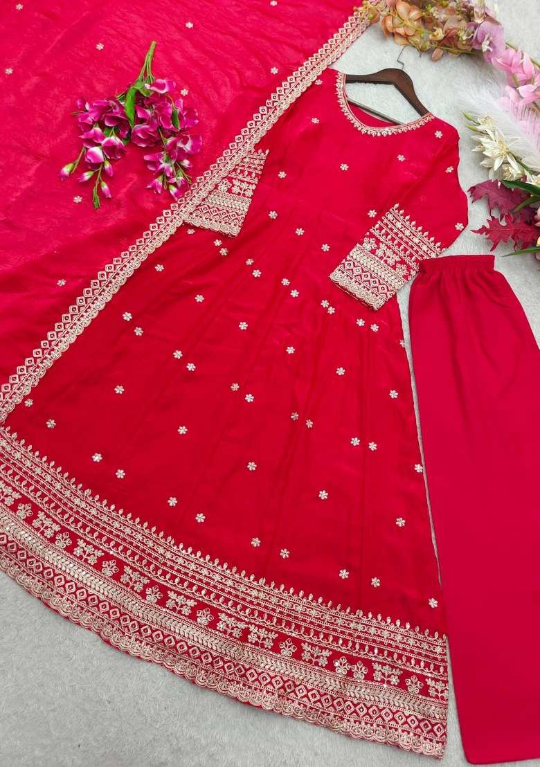 Red Embroidery Fendi Gown Set - Indya