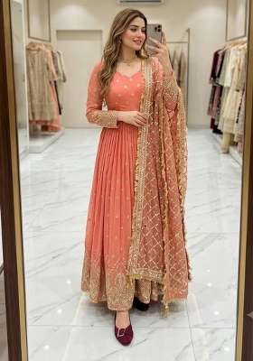 Peach Embroidery Georgette Gown Set