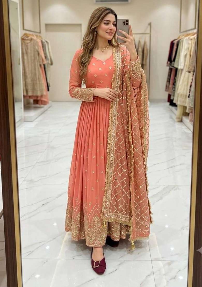 Peach Embroidery Georgette Gown Set - Indya