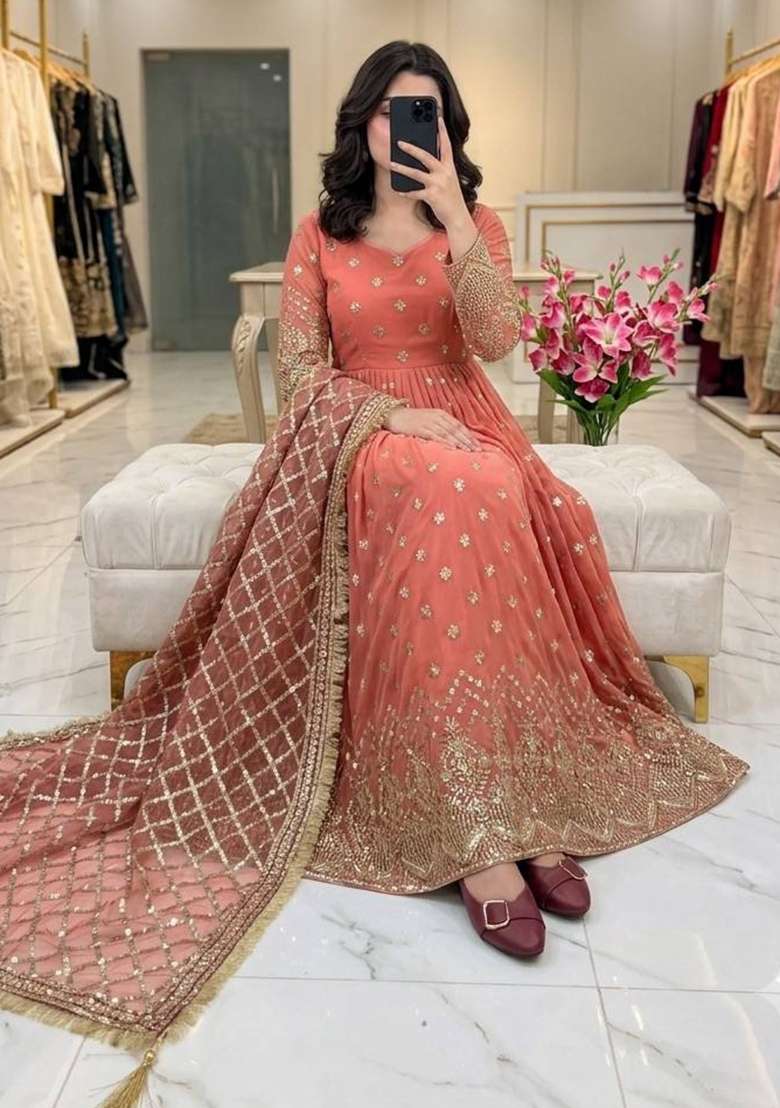 Peach Embroidery Georgette Gown Set - Indya
