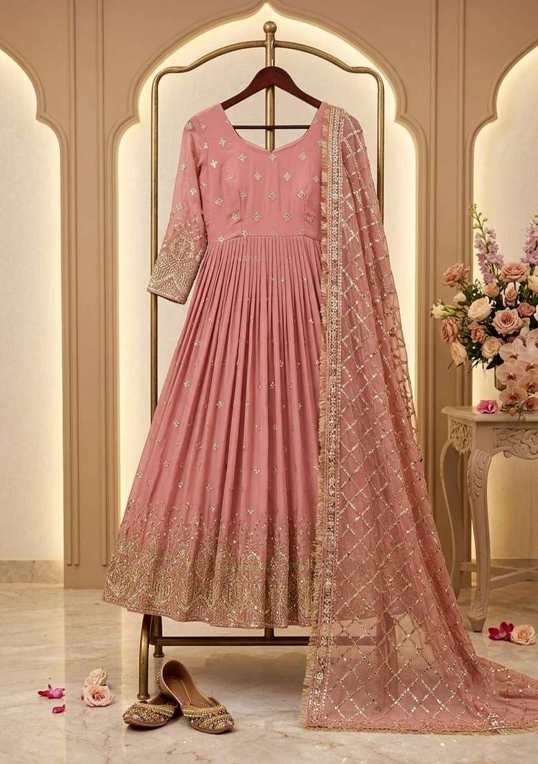Peach Embroidery Georgette Gown Set - Indya