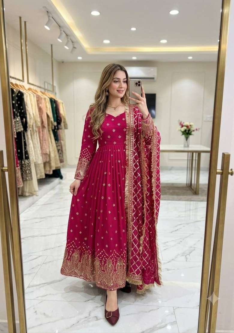 Pink Embroidery Georgette Gown Set - Indya