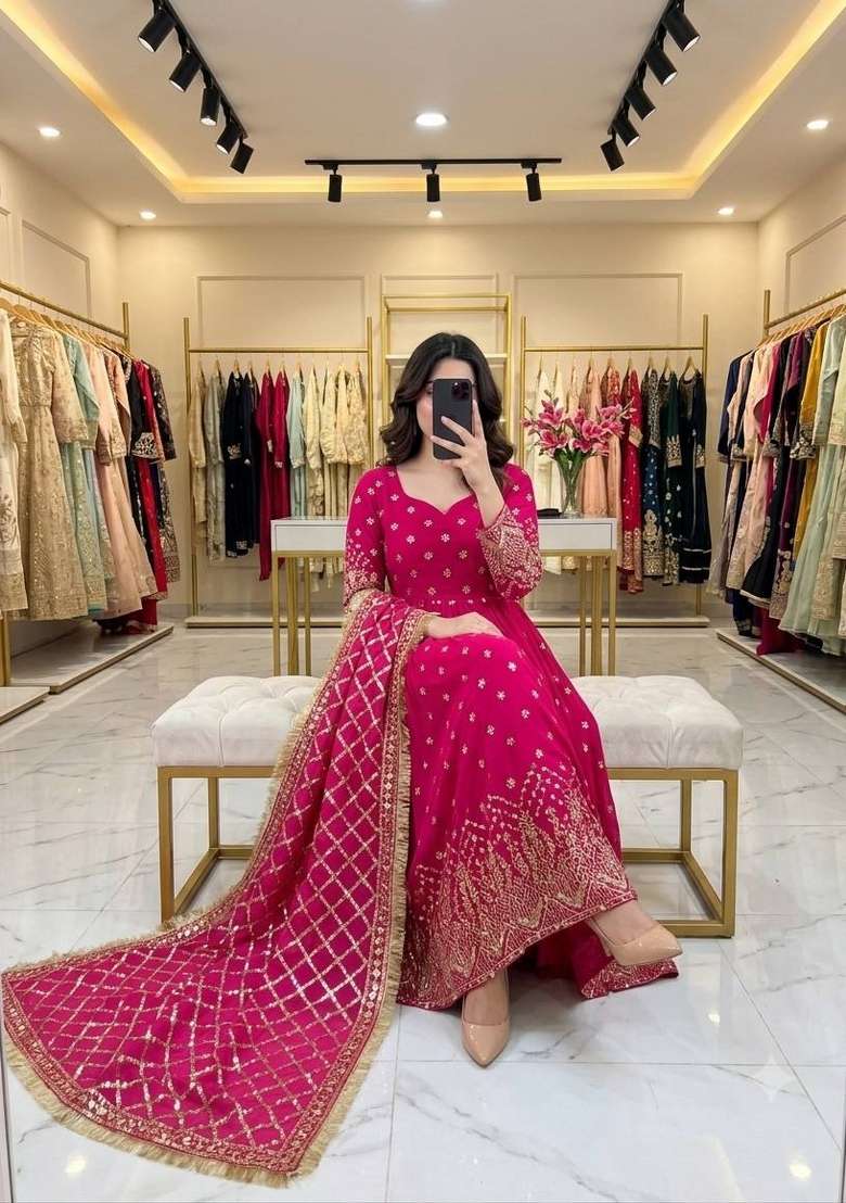 Pink Embroidery Georgette Gown Set - Indya