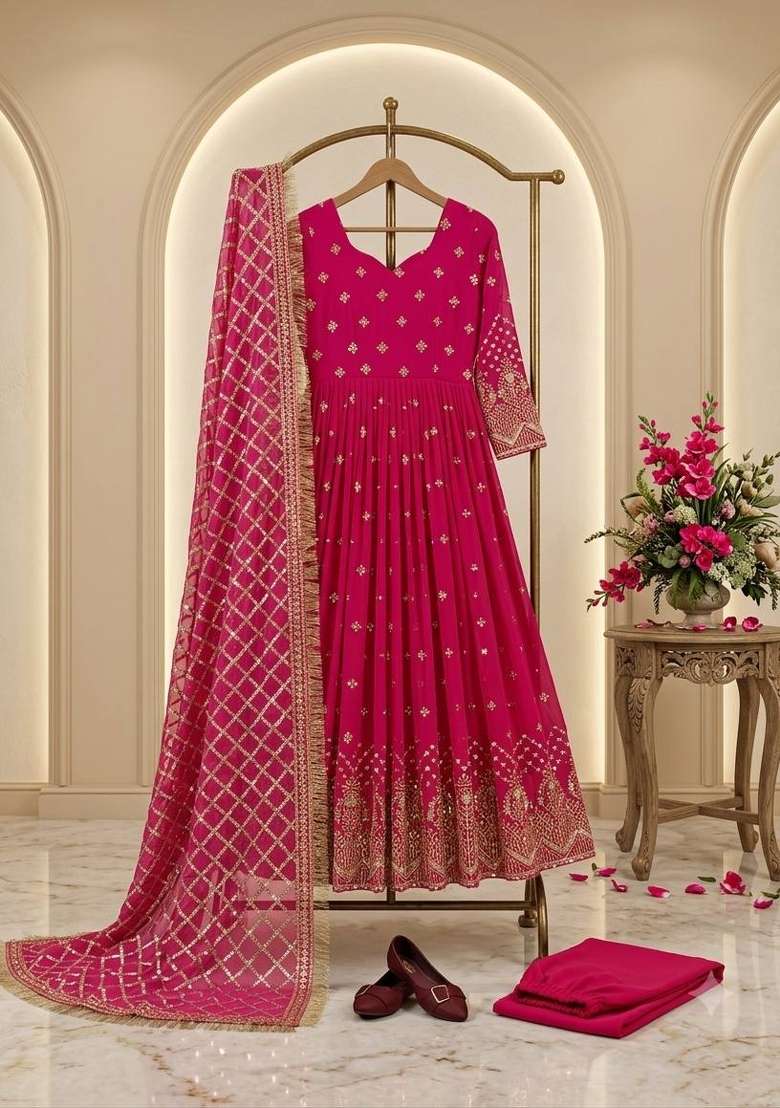 Pink Embroidery Georgette Gown Set - Indya