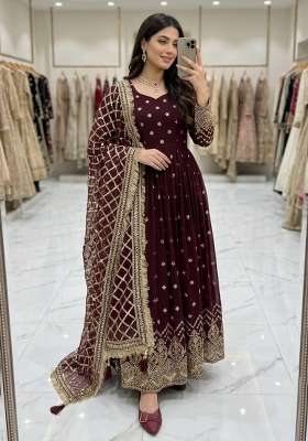 Wine Embroidery Georgette Gown Set