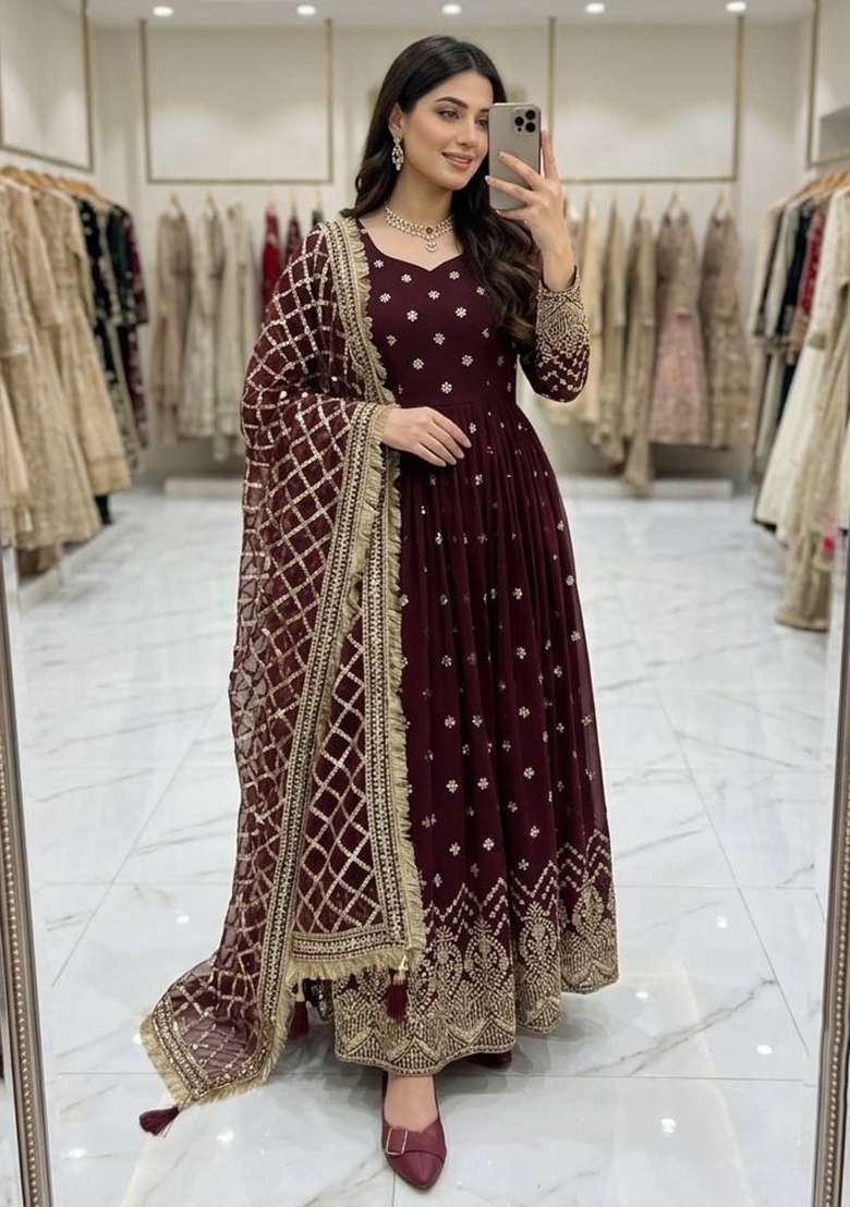 Wine Embroidery Georgette Gown Set - Indya