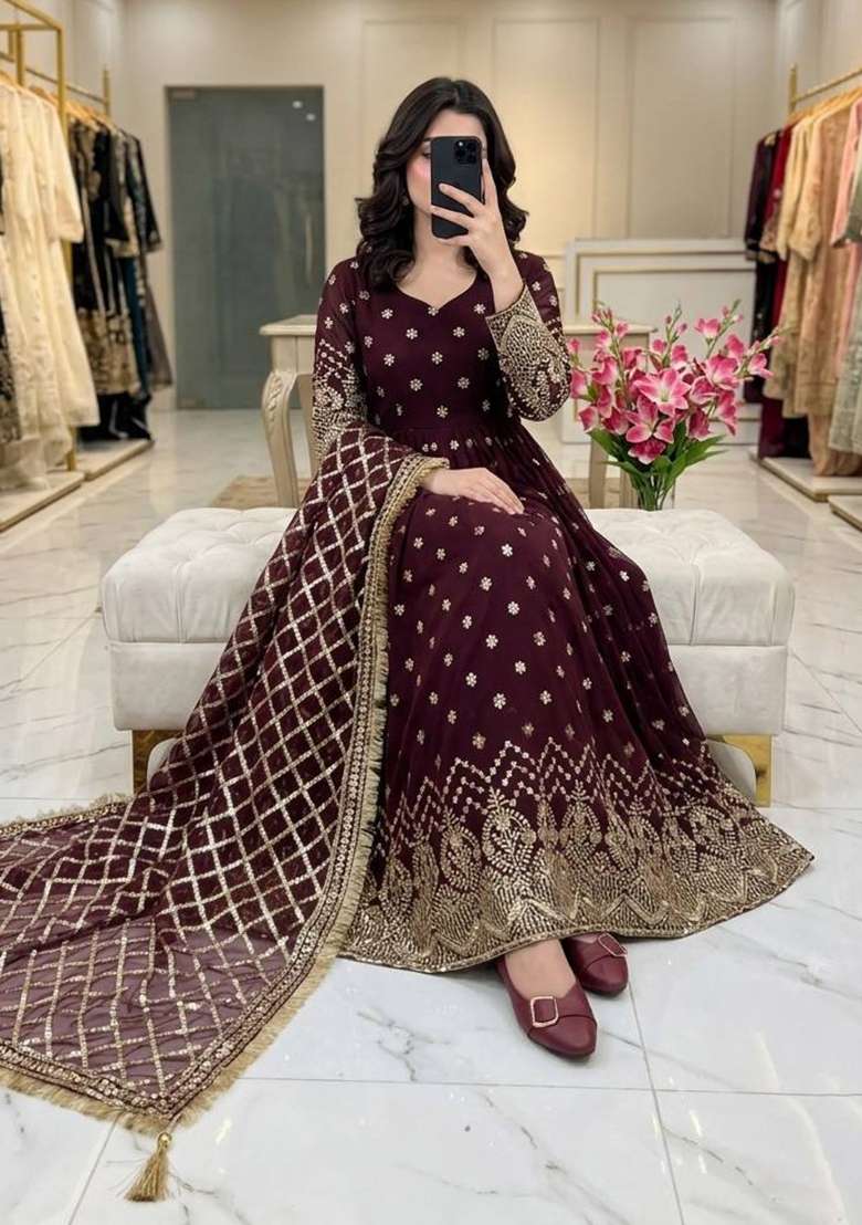 Wine Embroidery Georgette Gown Set - Indya
