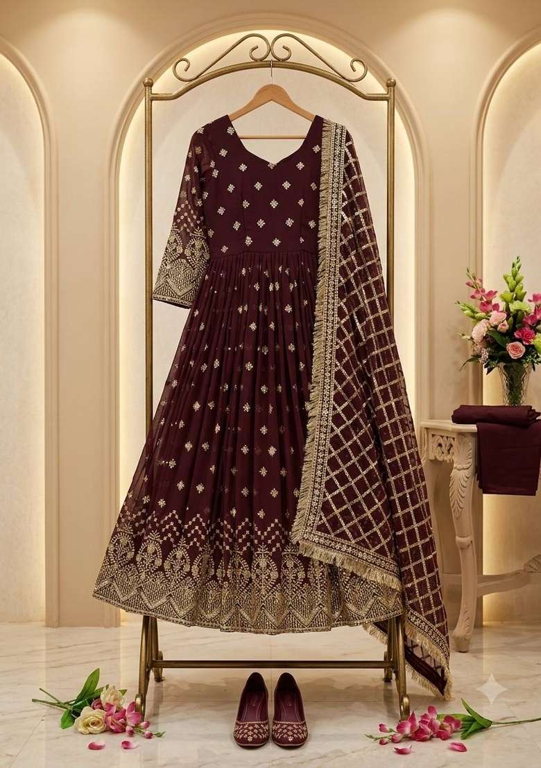 Wine Embroidery Georgette Gown Set - Indya