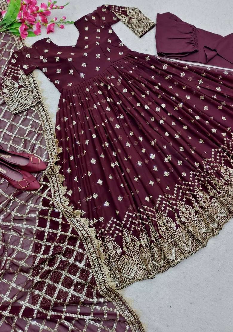 Wine Embroidery Georgette Gown Set - Indya