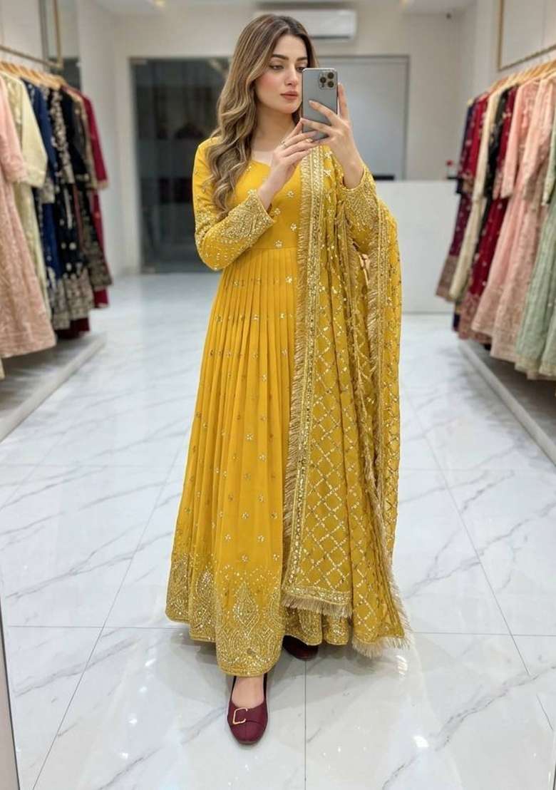 Yellow Embroidery Georgette Gown Set - Indya