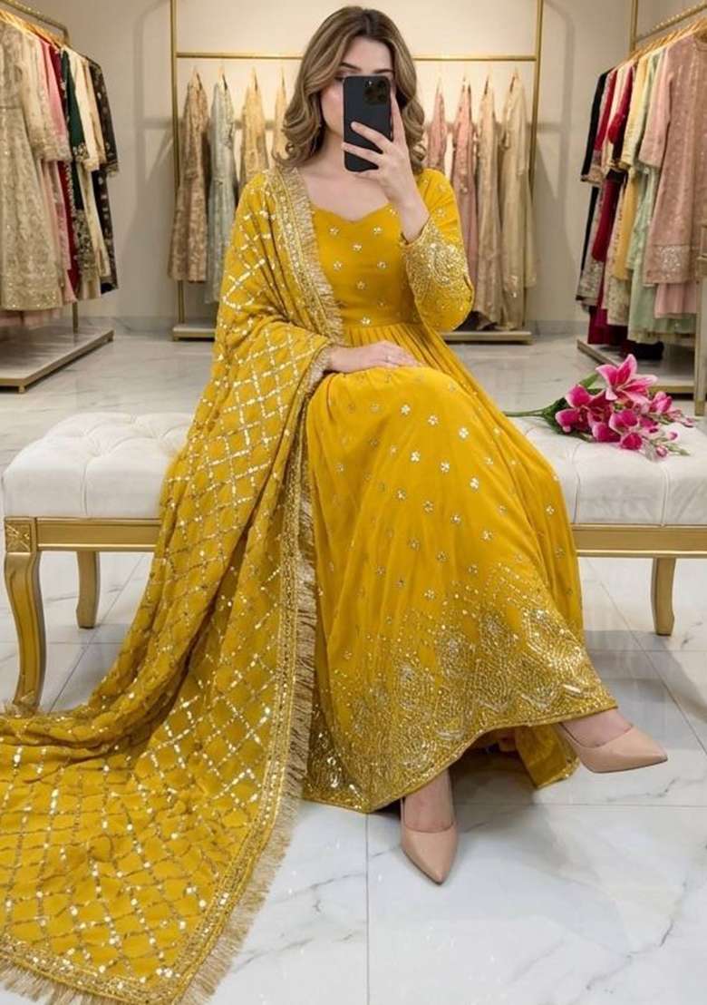 Yellow Embroidery Georgette Gown Set - Indya