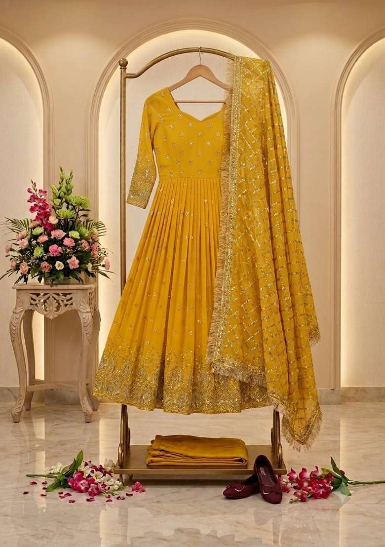 Yellow Embroidery Georgette Gown Set - Indya