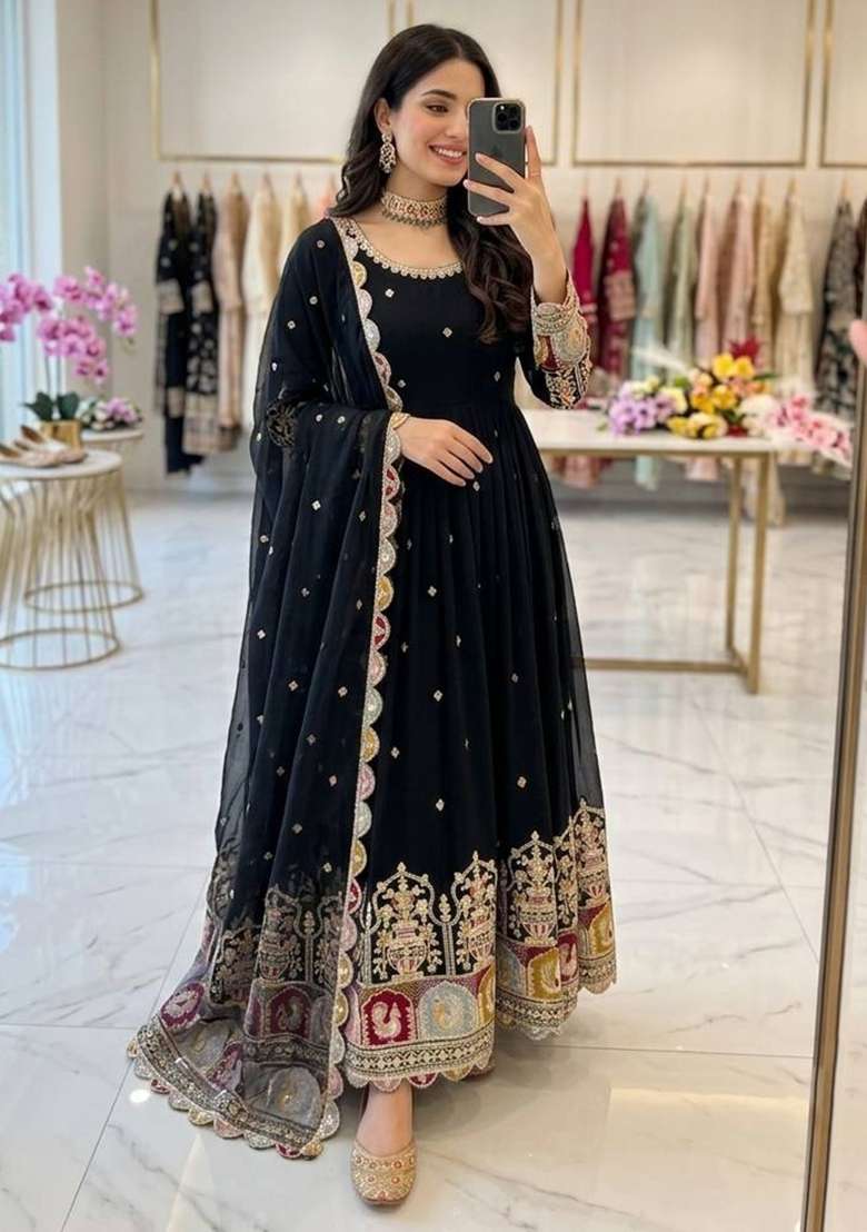 Black Embroidery Georgette Gown Set - Indya