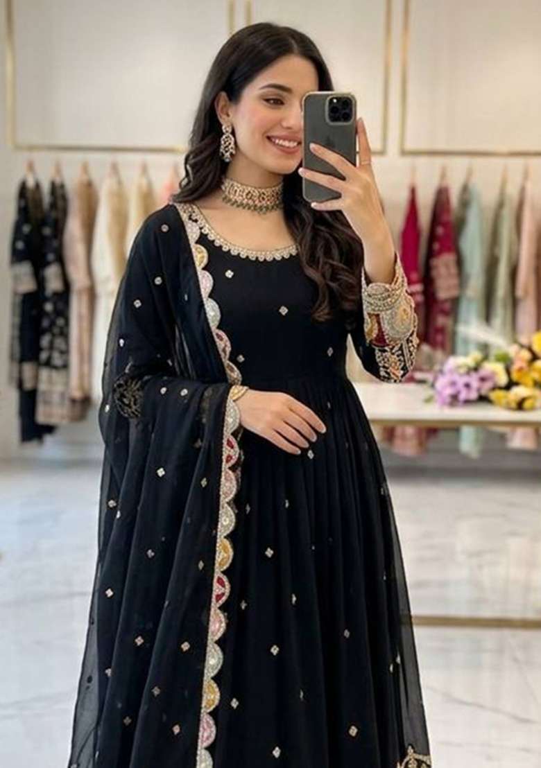 Black Embroidery Georgette Gown Set - Indya