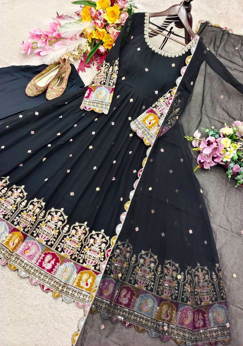 Black Embroidery Georgette Gown Set - Indya