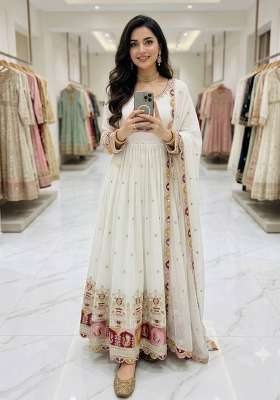 White Embroidery Georgette Gown Set