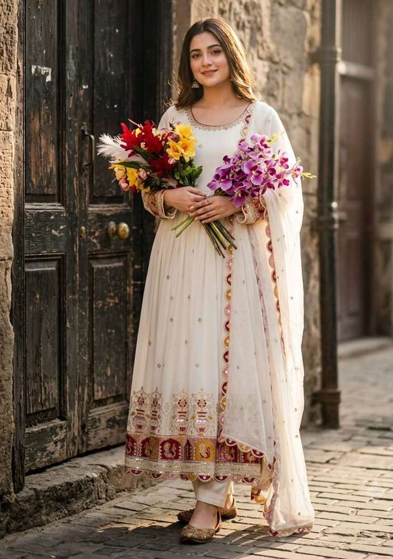 White Embroidery Georgette Gown Set - Indya