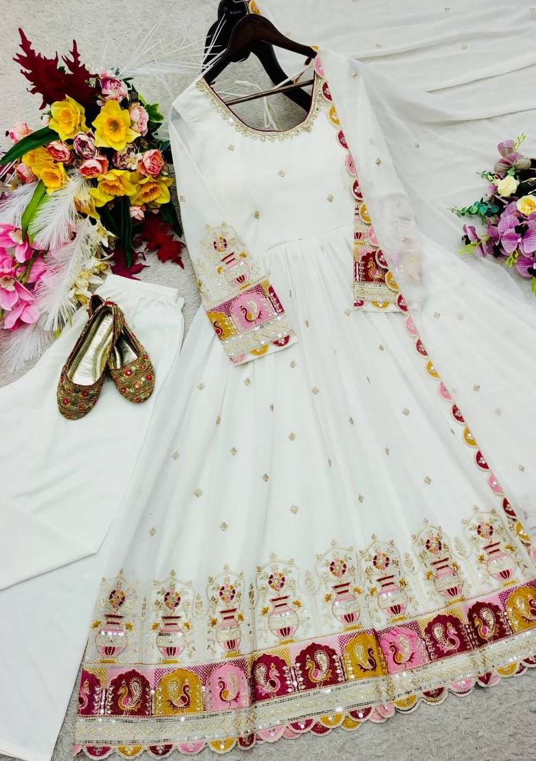 White Embroidery Georgette Gown Set - Indya